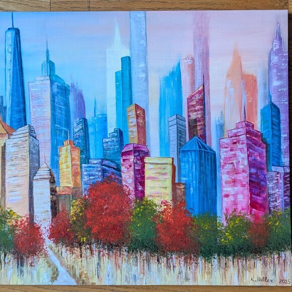 Original Colorful Acrylic Painting New York City Skyline From Central Park 30x24 - Picture 6 of 14